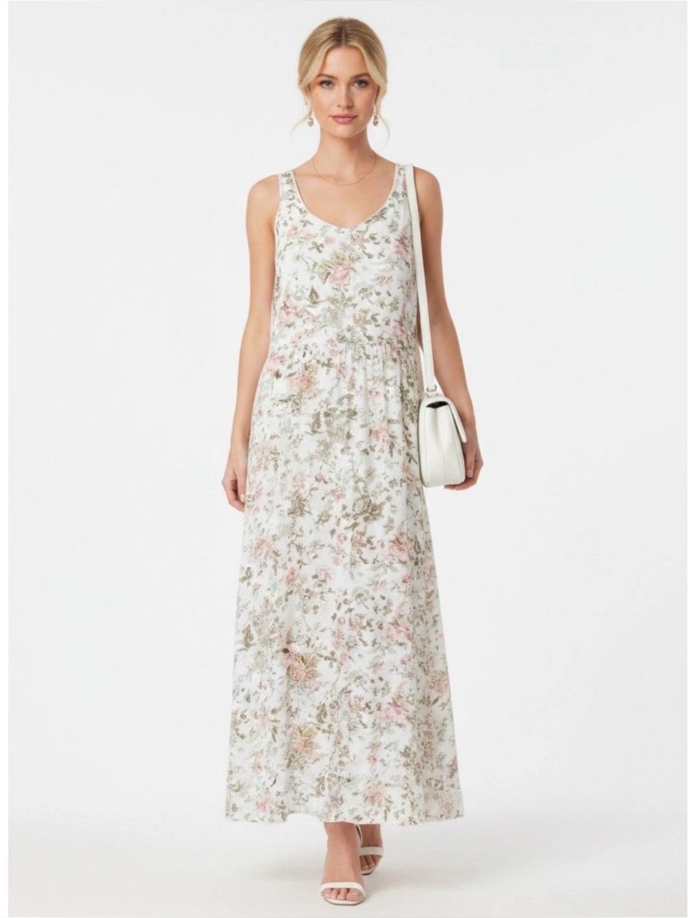 FRYE White Floral Button Front Maxi Midi Dress Pockets Medium Cottage Prairie